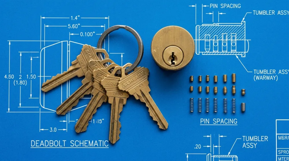 Locksmith Halifax FAQ - Blueprint schematic of brass keys, lock cylinder, and tumbler pins